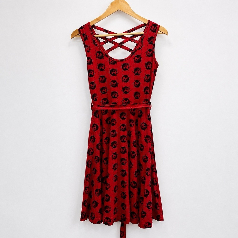 Effie's Heart Red Ladybug Print Crisscross Back Skater Dress Size Small